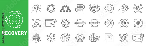 Recovery and system recovery outline icon set featuring backup restore process, disaster recovery, synchronization, IT maintenance, troubleshooting, cloud computing