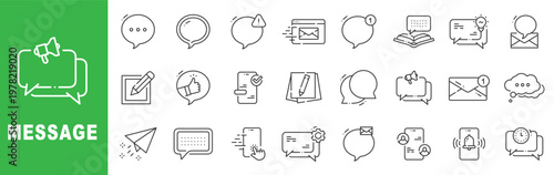 Message and communication outline icon set featuring chat bubbles, email inbox, notification alerts, voice messages, customer support, online messaging apps