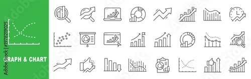 Graph and chart outline icon set featuring analytics, data visualization, business growth, performance metrics and statistical report symbols editable stroke line design