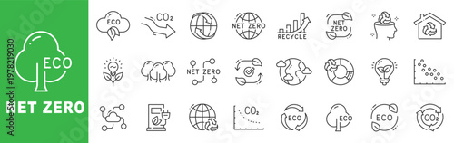 Eco and net zero outline icon set featuring carbon emission reduction, CO2 neutral strategy, renewable energy transition, recycling process, climate action