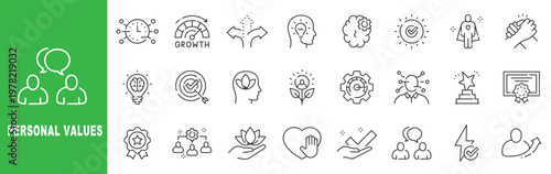 Personal values outline icon set featuring integrity, teamwork, leadership, personal growth, motivation, achievement, excellence and commitment symbols in editable stroke line design