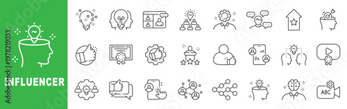 Influencer outline icon set featuring content creator, social media marketing, audience engagement, video streaming, branding and digital promotion symbols editable stroke line design