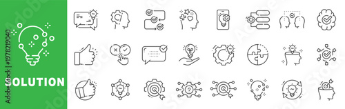 Solution outline icon set featuring problem solving, innovation, strategy, teamwork, workflow optimization, decision making and business consulting concepts in editable stroke line design