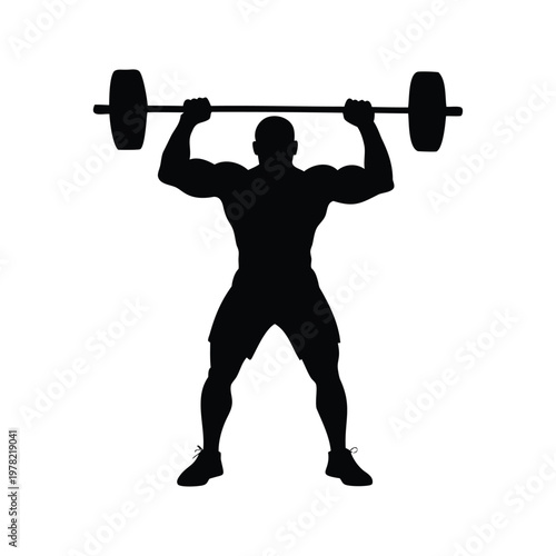 Athlete lifting heavy barbell over head with strong muscles silhouette vector illustration, person lifting weights silhouette vector illustration