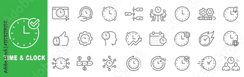 Time and clock outline icon set featuring deadline, schedule, productivity, 24/7 service, timer, calendar and time management symbols in editable stroke line style