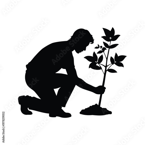 silhouette of person planting a tree, eco-friendly activity, silhouette vector illustration, person planting a tree silhouette vector illustration