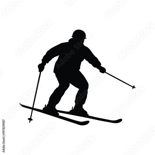 Black and white silhouette of a skier with poles on skis, vector illustration design, person skiing silhouette vector illustration