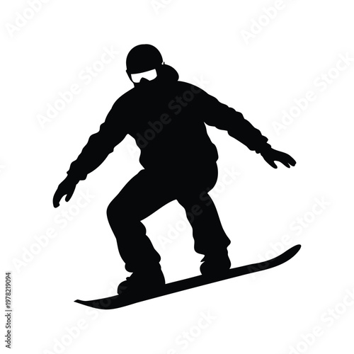 Snowboarder in action with protective gear silhouette vector illustration, person snowboarding silhouette vector illustration