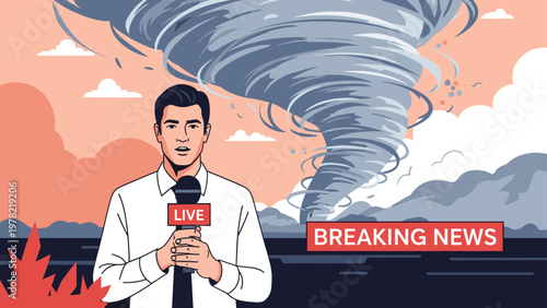 Professional news reporter delivers a breaking update in front of a massive and dangerous tornado spinning in the distance.