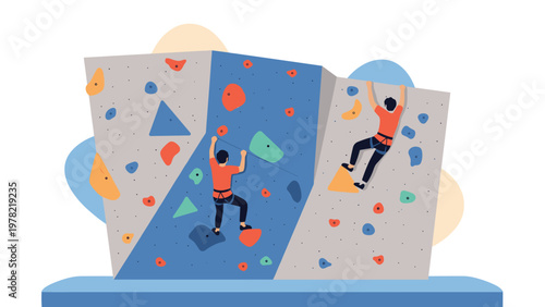 Two active climbers challenge themselves by ascending an indoor rock climbing wall with many colorful hand and foot holds.