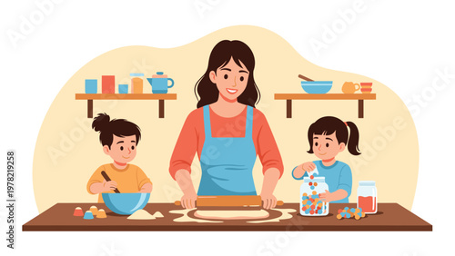 Happy mother and her two young daughters bond while baking delicious treats together at a wooden table in their kitchen.