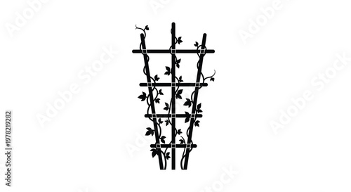A black and white illustration of a garden trellis with climbing vines