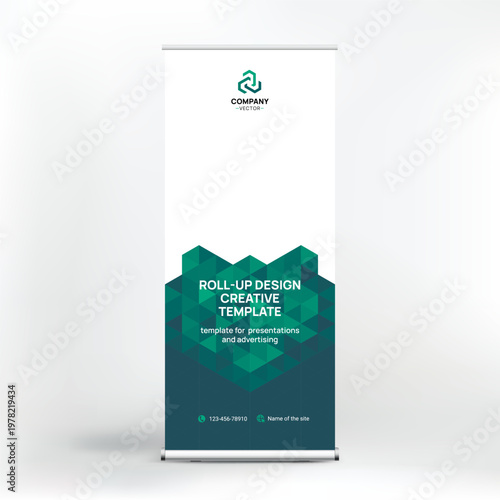 Banner design, roll-up stand for advertising, conferences, seminars, poster template for placing photos and text. Creative background for presentation