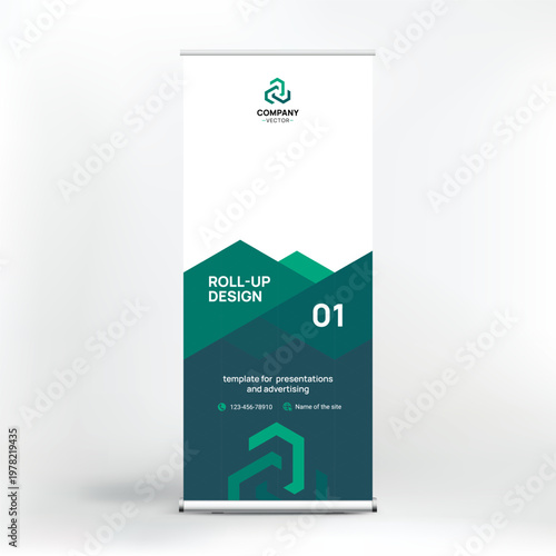 Banner design, roll-up stand for advertising, conferences, seminars, poster template for placing photos and text. Creative background for presentation