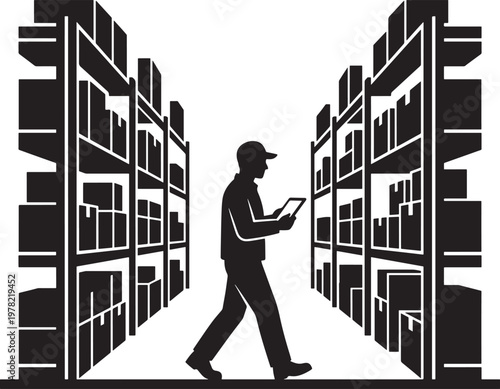 Person walking through library aisle holding digital tablet device