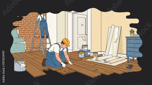 Home renovation project features professional workers installing wooden floorboards and painting walls in a bright residential interior.
