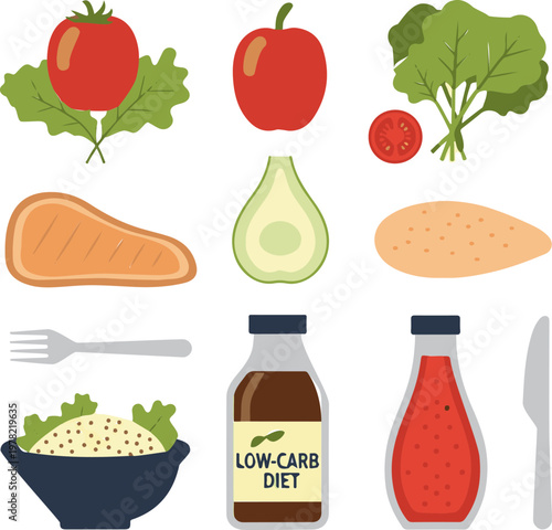 Collection of fresh vegetables and healthy protein food items for a balanced low carb diet meal plan illustration