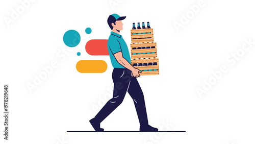 Delivery worker walks briskly while carrying a heavy stack of wooden crates filled with glass bottles against a simple background.