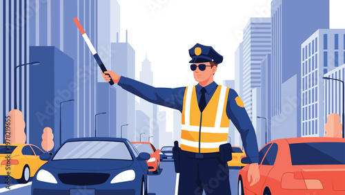Traffic police officer in professional uniform and high visibility vest directs vehicles on a busy city street with tall buildings.