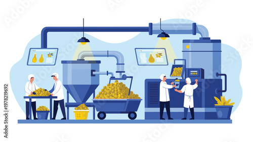 Industrial production line shows workers processing large quantities of green olives in a modern factory setting with heavy machinery.