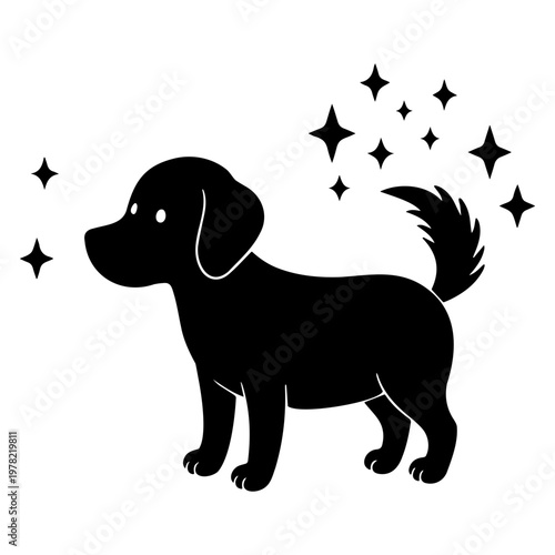 A black silhouette of a dog surrounded by sparkling stars on a white background