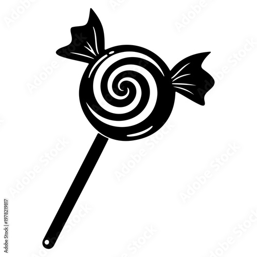 A black and white vector graphic illustration of a swirly lollipop on a stick