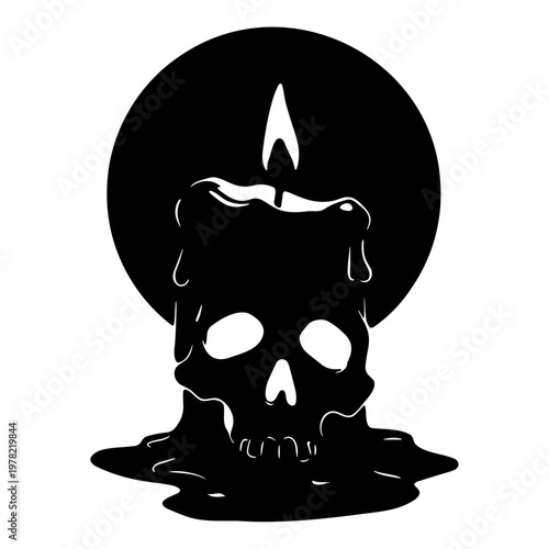 A black vector graphic illustration of a skull with a candle on top, set against a circular background