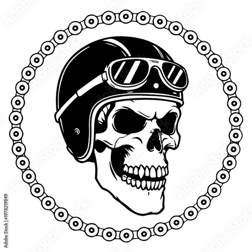 A black and white illustration of a skull wearing a motorcycle helmet and goggles in a circular chain design