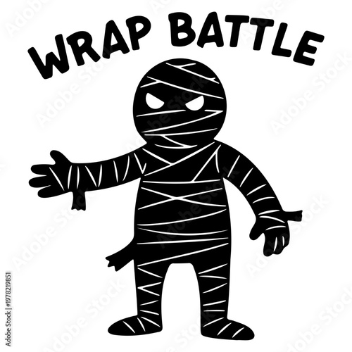 A cartoon mummy character in a playful wrap battle pose with a bold graphic design