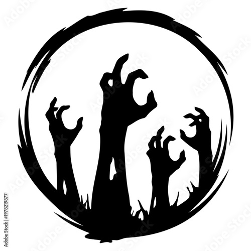 A black silhouette vector graphic of zombie hands reaching up from the ground in a circular design
