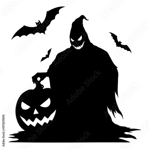 A black silhouette of a hooded figure holding a jack-o-lantern surrounded by bats on a white background