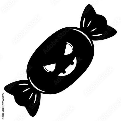 A black and white vector graphic of a candy with a jack-o-lantern face for Halloween