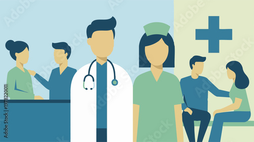 Healthcare Professionals and Patients in a Medical Setting Illustration