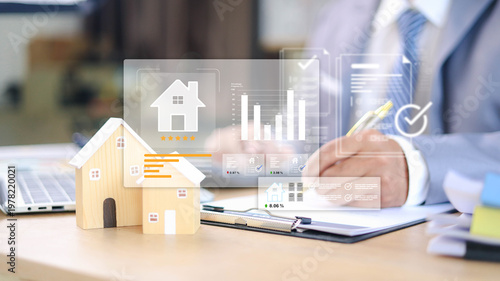 Real estate agent signing property contract with digital document overlay, showcasing home approval, mortgage agreement, and secure transaction in modern business environment.