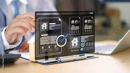 Photos Real estate contract management with digital interface overlay, showing property approval, document verification, and secure transaction in modern business workflow