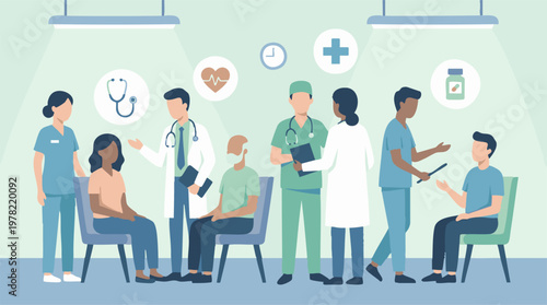 Diverse medical staff and patients in a modern healthcare clinic illustration
