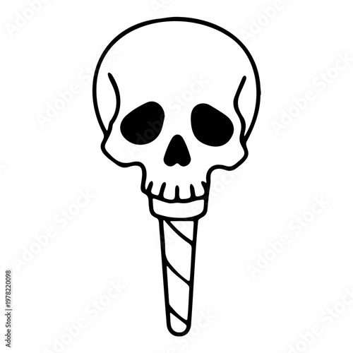 A black and white vector graphic illustration of a skull on an ice cream cone