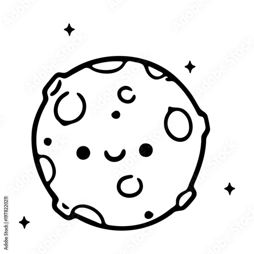 A minimalist vector illustration of a smiling moon with craters and stars in a simple design