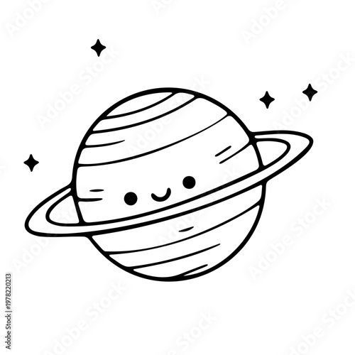 A cute cartoon illustration of a smiling planet with a ring and stars in a minimalist design