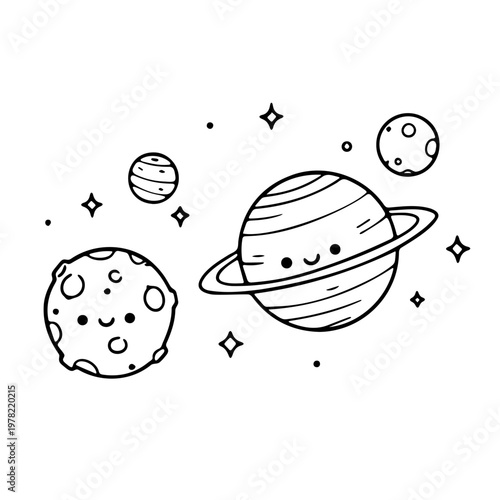 A cute cartoon illustration of planets and stars in space with smiling faces
