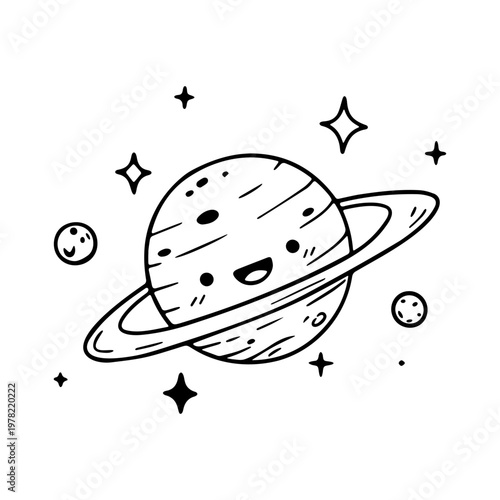 A minimalist vector illustration of a planet with rings and stars in a simple black line art style