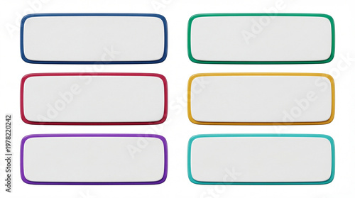Six colorful blank rectangular buttons isolated on white background 3D design elements