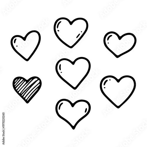 A set of hand-drawn hearts in a minimalist line art style on a transparent background