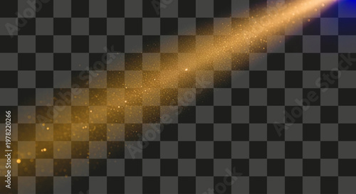 Golden sparkling light beam with glowing dust particles isolated on transparent background