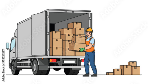 Logistics worker in a safety helmet and vest loads cardboard boxes into a large delivery truck at a loading dock or warehouse.