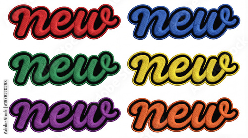 Multiple color embroidered new text set isolated on white background fabric stitch effect