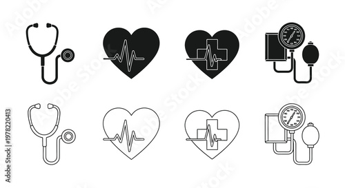 Medical icons depicting stethoscopes hearts with ecg and blood pressure monitors
