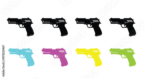 Four black and four colorful pistol silhouettes arranged in a grid pattern