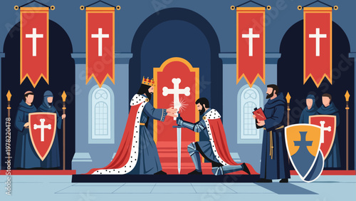 Noble medieval ceremony shows a king in his throne room knighting a kneeling warrior with a sword surrounded by monks and knights.