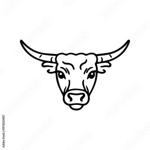 A minimalist black and white illustration of a bull's head with horns